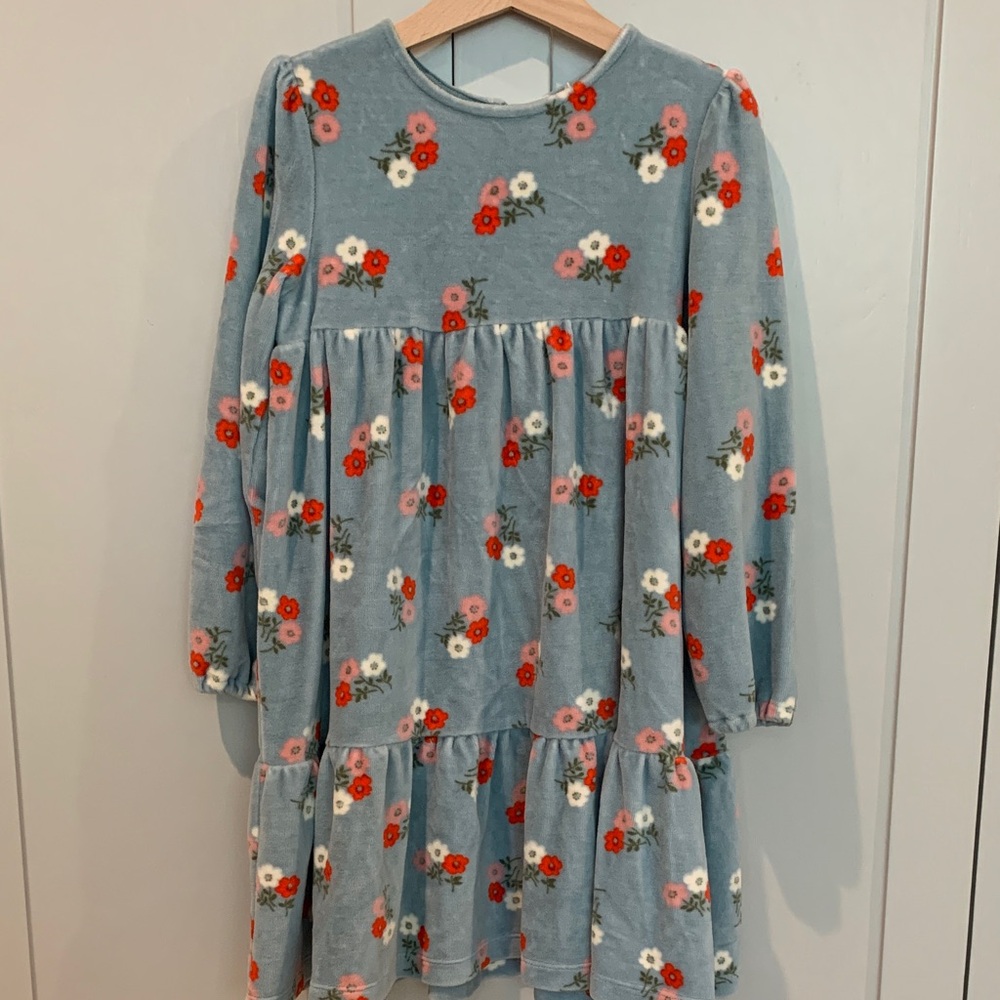 NWOT Mini Boden Blue Floral Tiered Long-Sleeve Dress 6-7